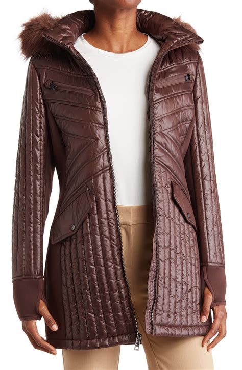 water-resistant faux fur trim hooded quilted jacket michael kors|macy's Michael Kors puffer coat.